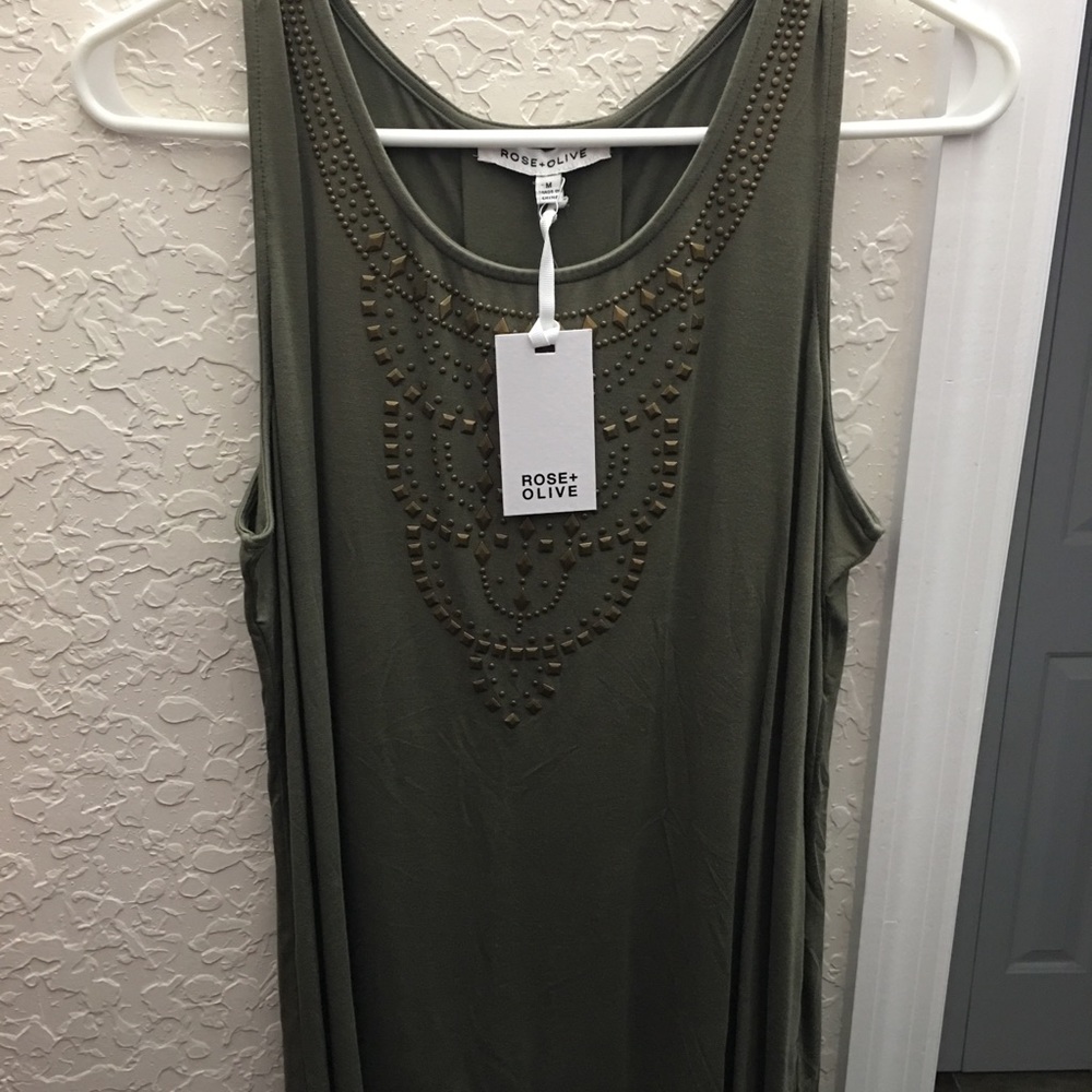 Rose & Olive green tank with beading, NWT!